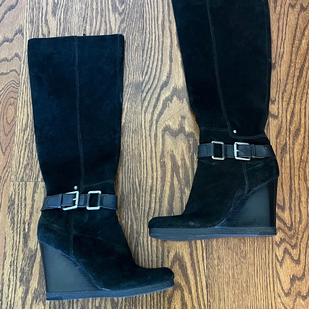 Nine West Women's Black Buckle Leather/Suede Wedge Boots, Size 9.5